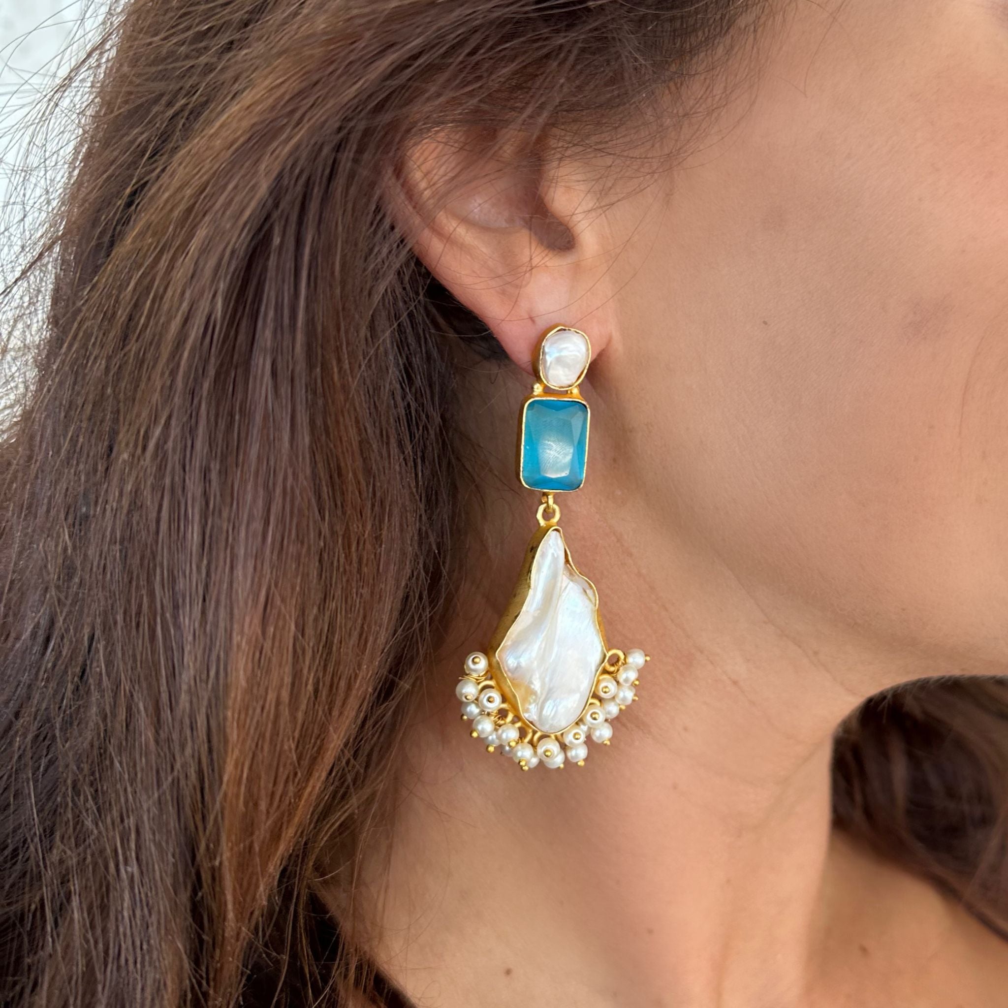 Blue glass large drop dangle pearl earrings 