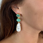 Green glass double drop large pearl earrings 