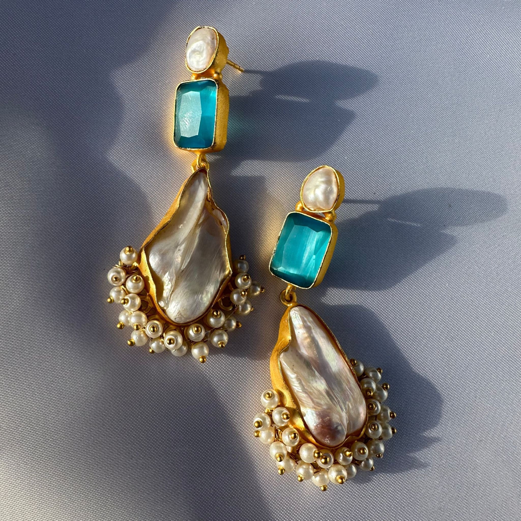 Blue glass large drop dangle pearl earrings
