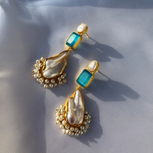 Blue glass large drop dangle pearl earrings