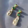 Green glass double drop large pearl earrings 